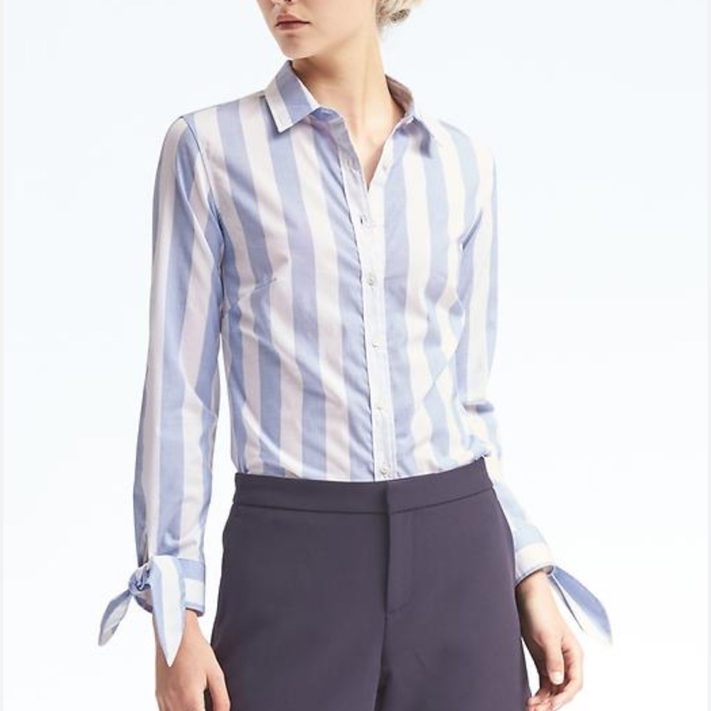 NWT- Banana Republic Riley shirt Blue and White Striped Blouse with Tie Sleeves - Picture 4 of 4